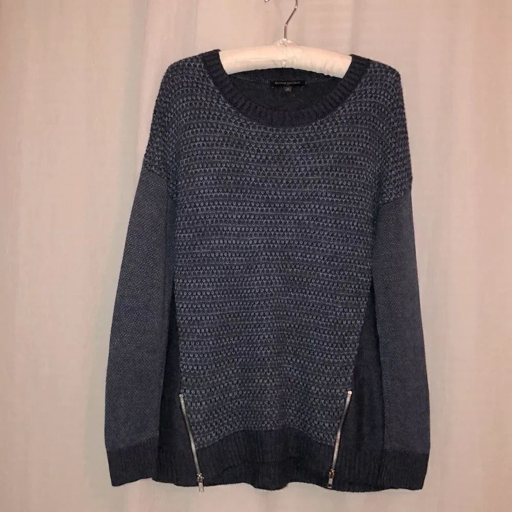 BR S Drop Sleeve High Low Knit Cotton Blend Crewneck Pullover Sweater Zippers